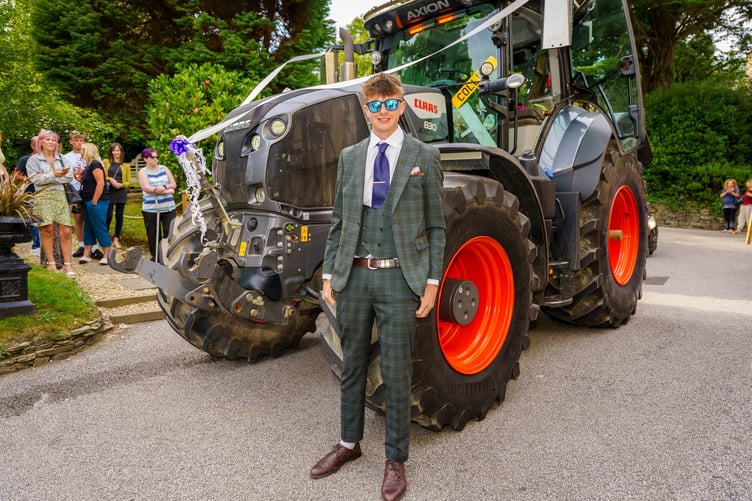 George Collins arrives at the Roseland Academy Prom 2025 by tractor