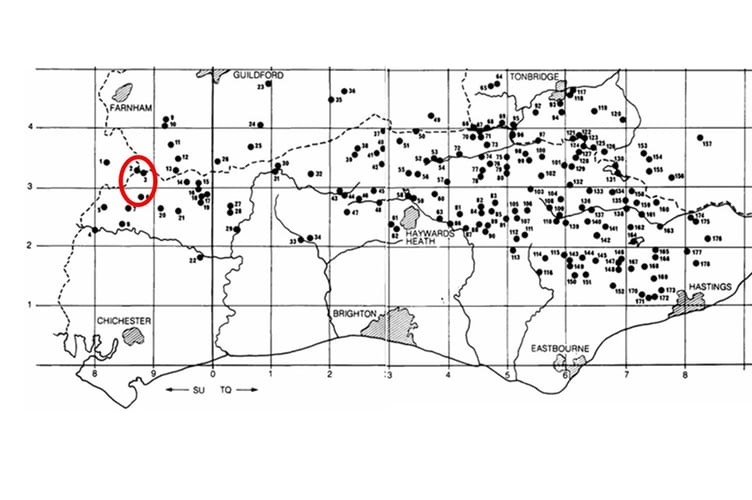 The Wealden Iron industry sites with Hammer Vale and Fernhurst furnace circled