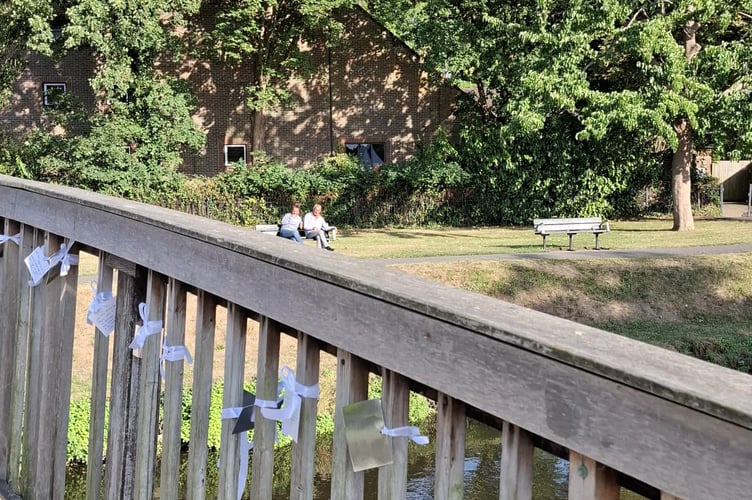 Gostrey Meadow footbridge white ribbons