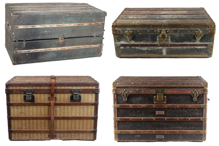 Louis Vuitton trunks sold in June and July, plus the Courier trunk set for autumn. Clockwise from top left: Wardrobe Steamer, £130,000; Explorer, £72,000; Travelling, £5,400; Courier (est. £6,000–8,000)