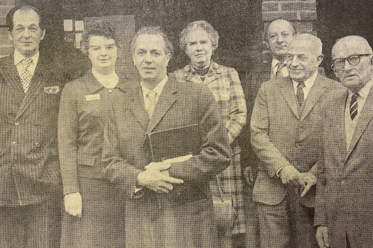 From left: Paymaster general and Farnham MP Maurice Macmillan, senior nursing officer B V Ashton, secretary of state for social services Sir Keith Joseph, League of Friends of Farnham Hospitals chairman Beth Ealand, hospital group secretary W I Davies, Farnham Urban Council chairman Cllr A G Hurdle, and Save Trimmer’s committee chairman Colonel Darnley Anderson, Trimmer's Cottage Hospital, Menin Way, Farnham, January 9th 1974. 