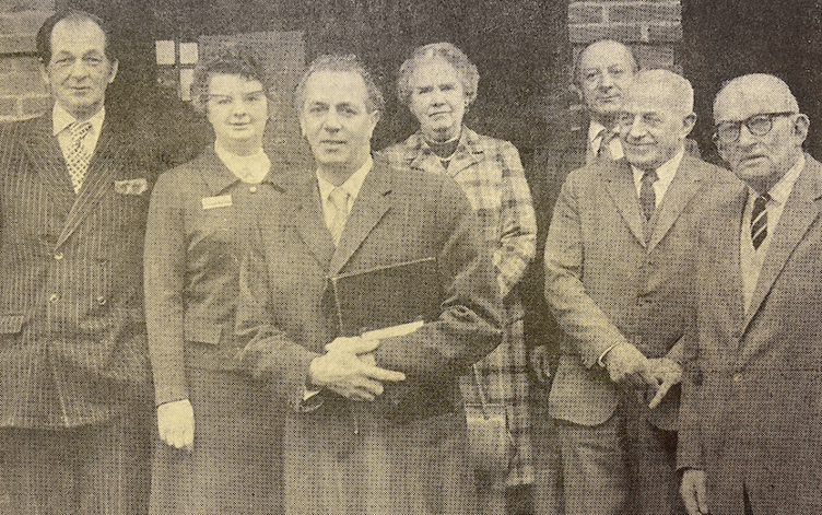 From left: Paymaster general and Farnham MP Maurice Macmillan, senior nursing officer B V Ashton, secretary of state for social services Sir Keith Joseph, League of Friends of Farnham Hospitals chairman Beth Ealand, hospital group secretary W I Davies, Farnham Urban Council chairman Cllr A G Hurdle, and Save Trimmer’s committee chairman Colonel Darnley Anderson, Trimmer's Cottage Hospital, Menin Way, Farnham, January 9th 1974.