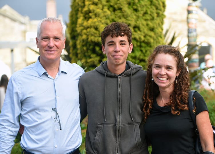 Charlie Curran and parents at Truro School on A-Level results day