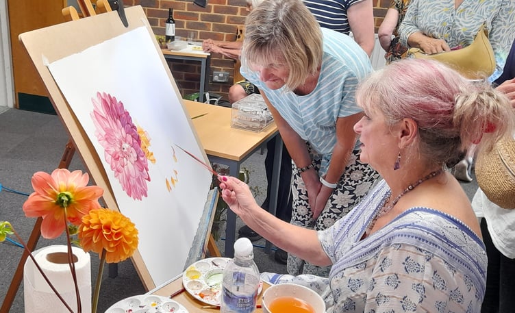 Botanical artist Sheryl Pape gave Bramshott & Liphook Arts & Crafts Society members a demonstration entitled Dancing Dahlias in Watercolour, The Canada Room, Millennium Centre, Ontario Way, Liphook, August 14th 2025.