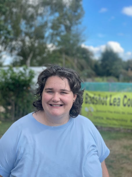 The Revd Lexi Russell outside the Badshot Lea Community Garden.