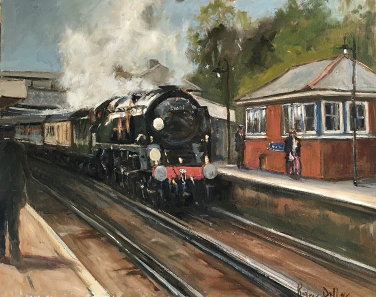 Roger Dellar’s painting of the Clan Line steam engine marks the last steam train signalled at Haslemere. Now on display at the Haslemere Information Hub