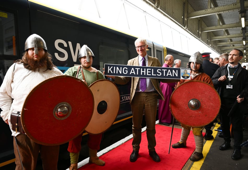 <p>Podcaster Tom Holland with Saxons and the King Athelstan train.</p>