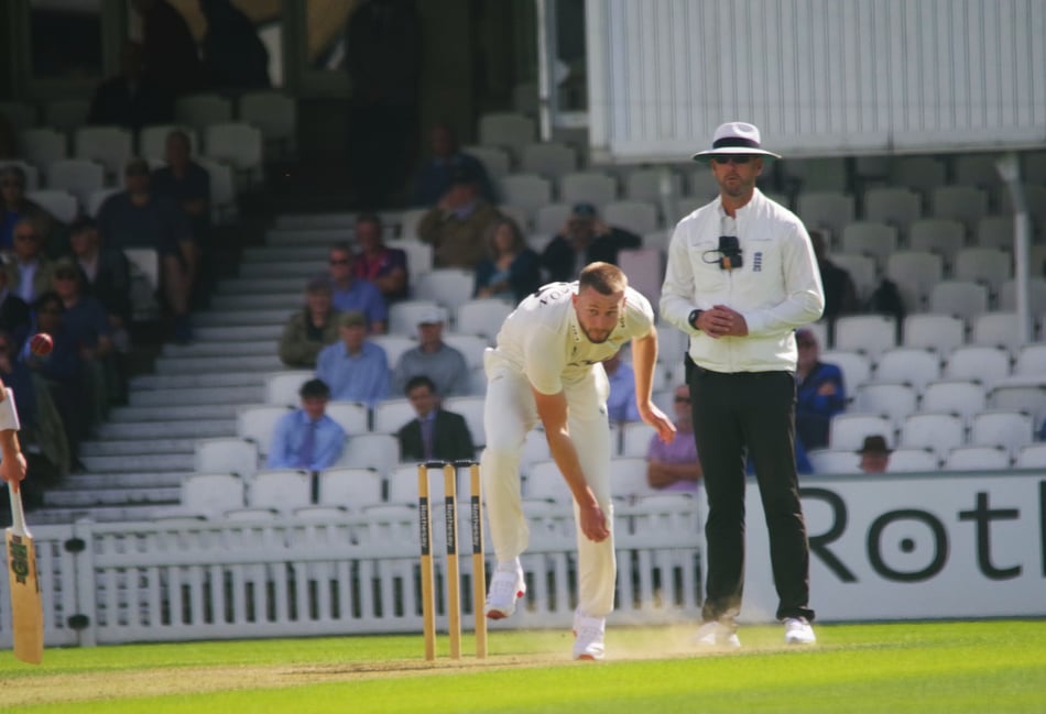 <p>Gus Atkinson took four wickets in Nottinghamshire's first innings (Photo: Mark Sandom)</p>