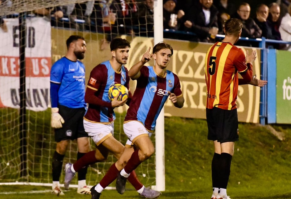 <p>Owen Dean celebrates after scoring Farnham Town's first goal against Gloucester City</p>