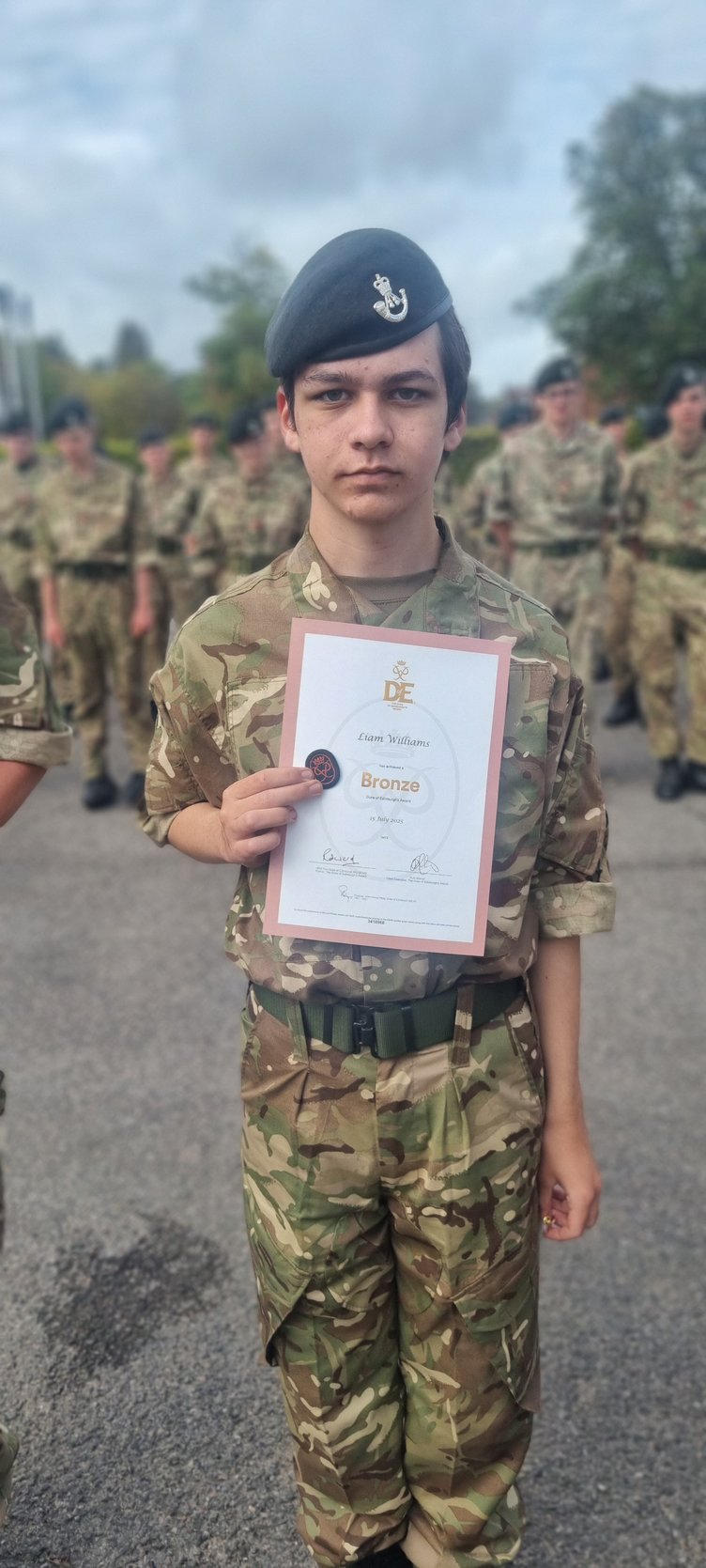 Cadet Liam Williams received his bronze Duke of Edinburgh certificate