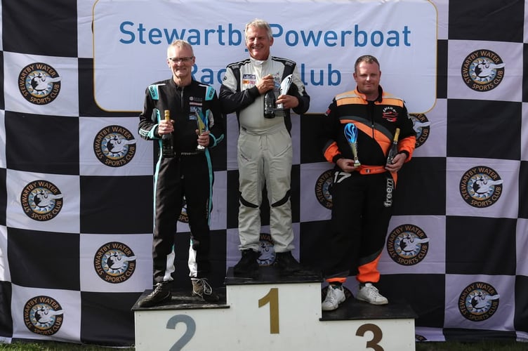 On the Formula 2 British Powerboat Championship podium are Ian Blacker, Steve Hoult and Romain Nedelec, Stewartby Powerboat Racing Club, September 28th 2025.