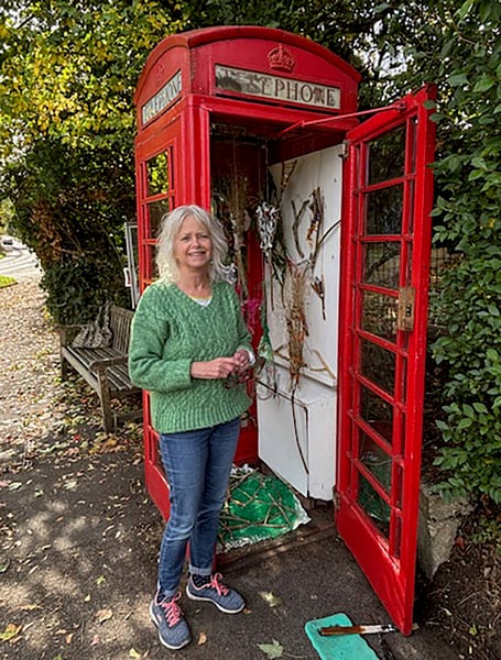 Artist Jane Browne with her exhibition at the Red Cube Gallery in Frensham, October 2025.