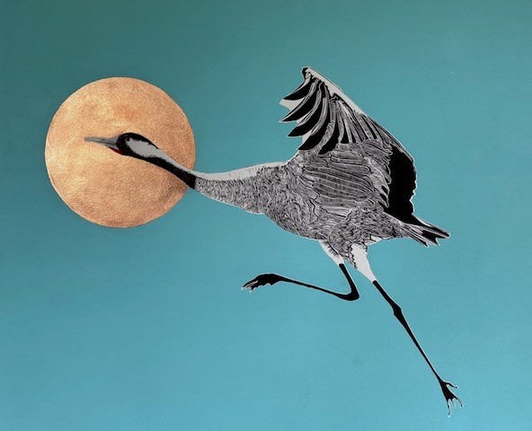 Relief print, with metal leaf, of a crane.