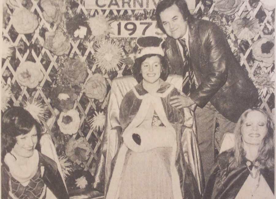 <p>Southern Television personality Peter Clark crowns 16-year-old Karen Phillips as the Liphook Carnival Queen on October 25, 1975. Her attendants are 18-year-old Sarah Forder, left, and 22-year-old Corrine Keen (Photo: Petersfield Post/Donald Eades).</p>