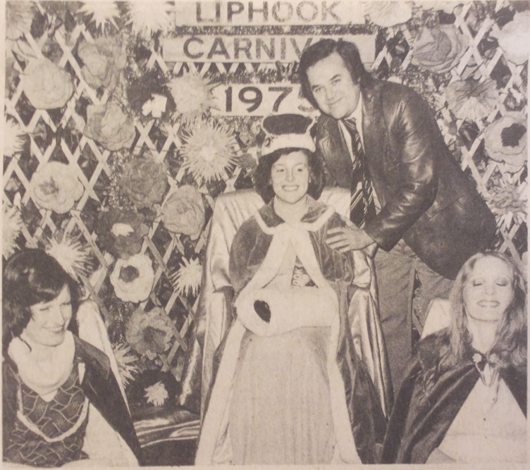 Southern Television personality Peter Clark crowns 16-year-old Karen Phillips as the Liphook Carnival Queen on October 25th 1975. Her attendants are 18-year-old Sarah Forder, left, and 22-year-old Corrine Keen.