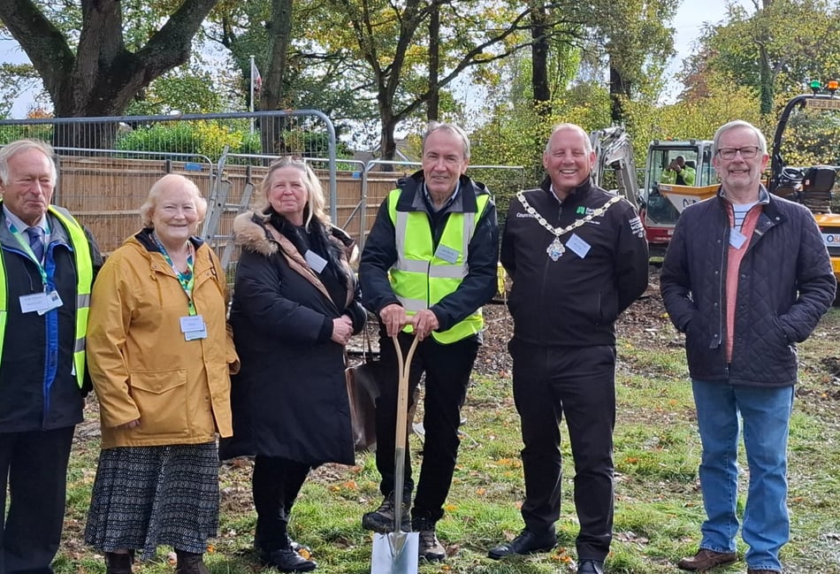 <p>From left, Cllr David Ashcroft, Cllr Angela Glass, Cllr Michaela Martin, Jim Duffy, Cllr George Murray and Cllr Peter Clark at the Rowledge village hall groundbreaking ceremony.</p>