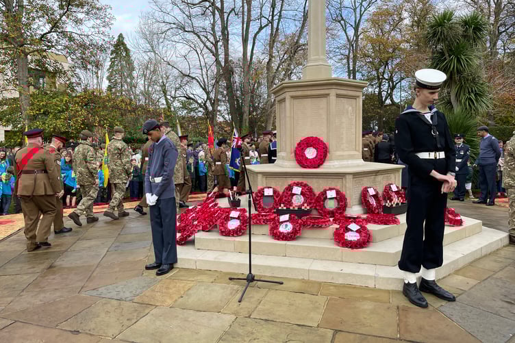 Wreaths on Farnham's War Memorial.