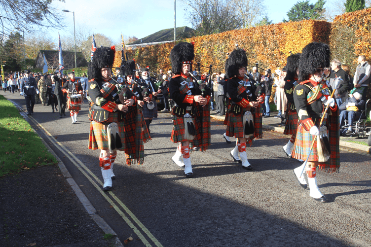 The Rose and Thistle Band lead the parade at Holybourne's Remembrance Service.