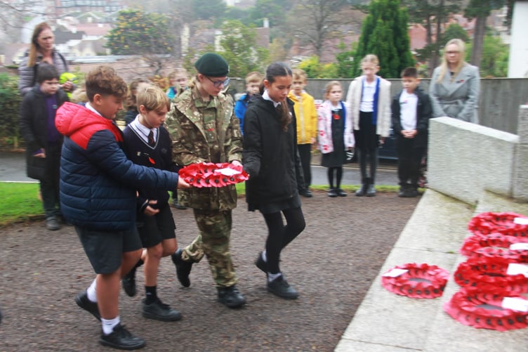 Army Cadets joined pupils in Minehead to lay wreaths at the Martlett Road war memorial on Tuesday. PHOTO: George Ody.