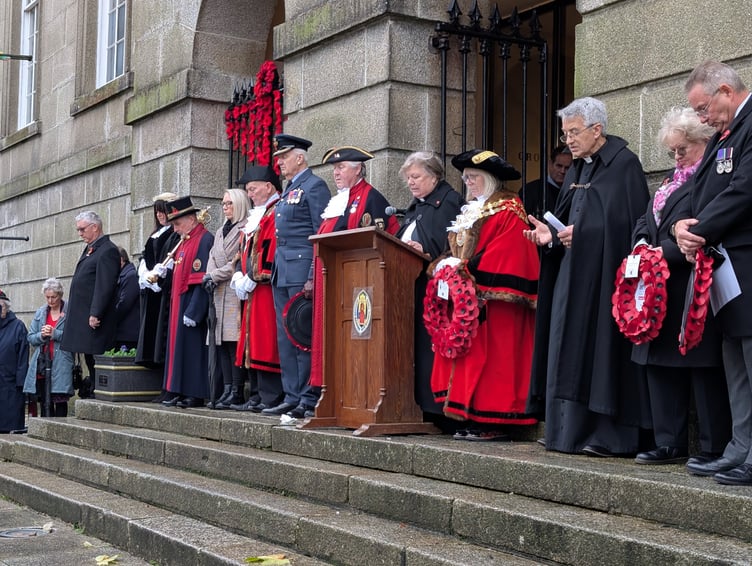 Cllr Liz Ahearn, the mayor of Bodmin is joined by dignitaries and local religious figures from the Church of England and Catholic denominations at a wreath laying service on Armistice Day (Picture: Aaron Greenaway)