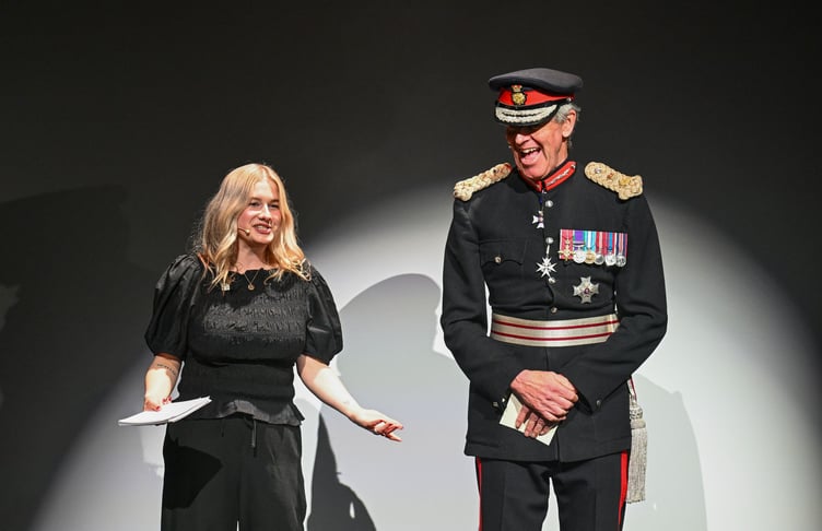Sir Edward Bolitho, Lord Lieutenant of Cornwall, on stage with event compere and BBC Radio One DJ Danni Diston during a celebration gala to mark the 20th Anniversary of Young & Talented Cornwall, the Lord Lieutenant's Fund, at the Hall for Cornwall