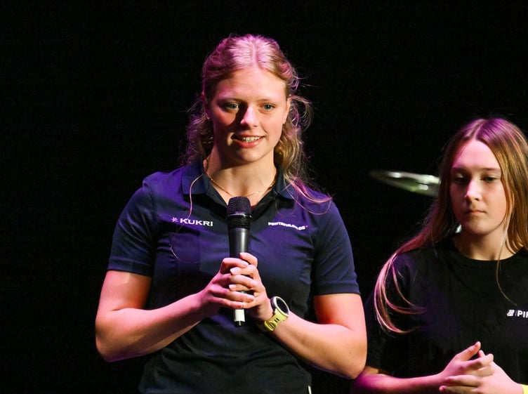 A young recipient speaks on stage during a celebration gala to mark the 20th Anniversary of Young & Talented Cornwall, the Lord Lieutenant's Fund, at the Hall for Cornwall