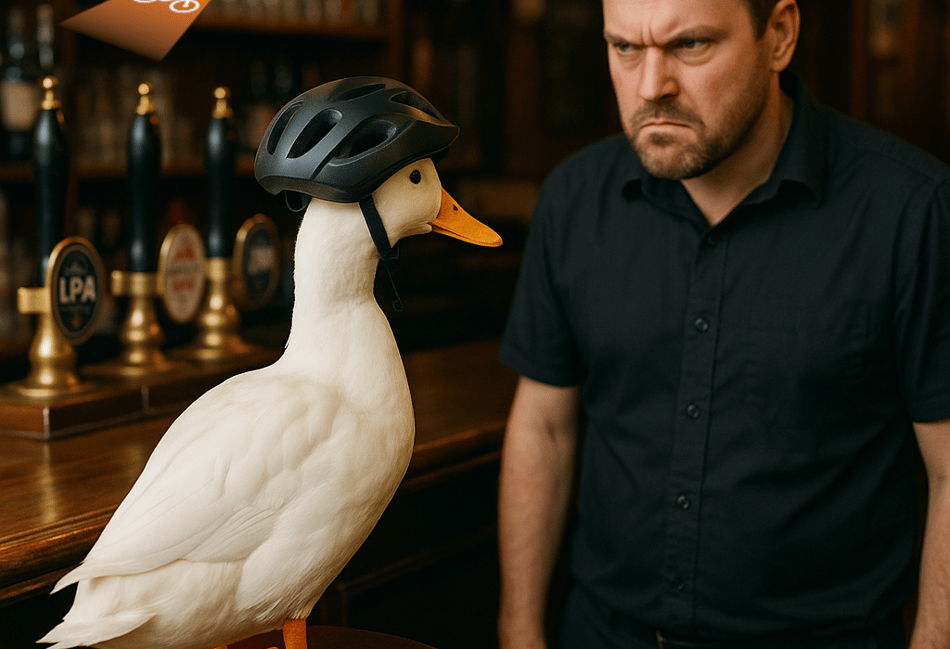 <p>An AI-created image of a duck in a cycle helmet in a pub.</p>