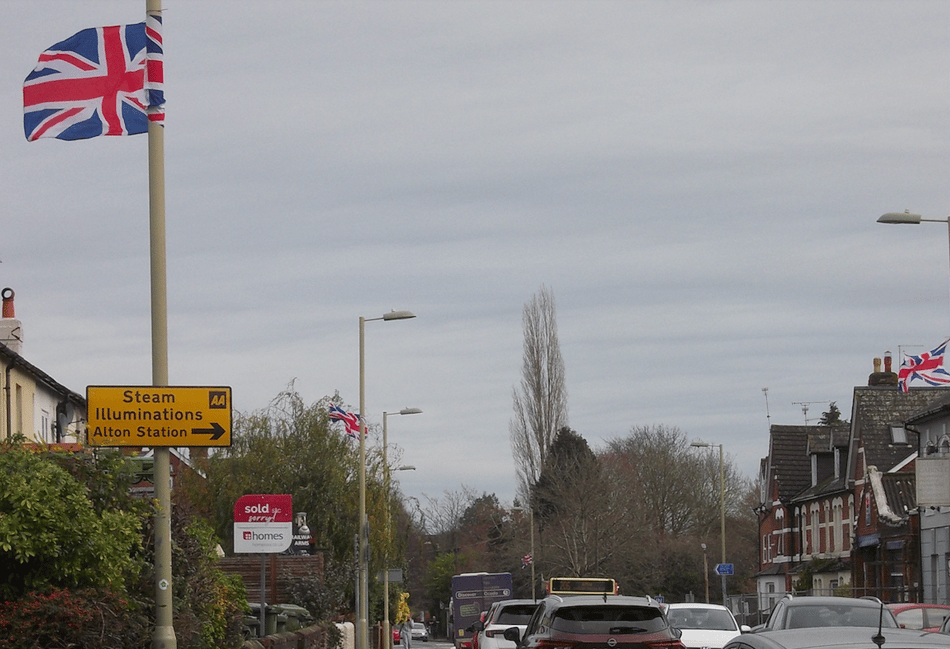 <p>Union Flags on lampposts in Anstey Road, Alton, just past the junction with Littlefield Road. </p>