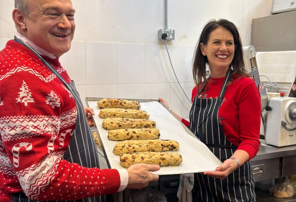 <p>Ed Davey MP and Monica Harding MP after making Stollen in Bachmanns in Thames Ditton.</p>