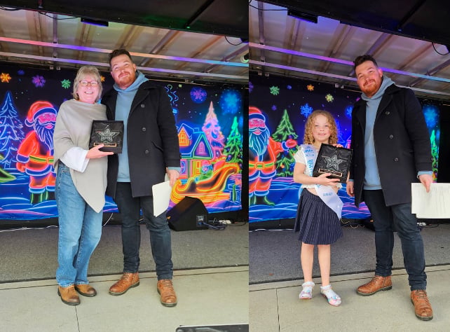 Community champion Teresa Nicholas and young star Albany Hope Haley receiving their awards from Jake Richards.