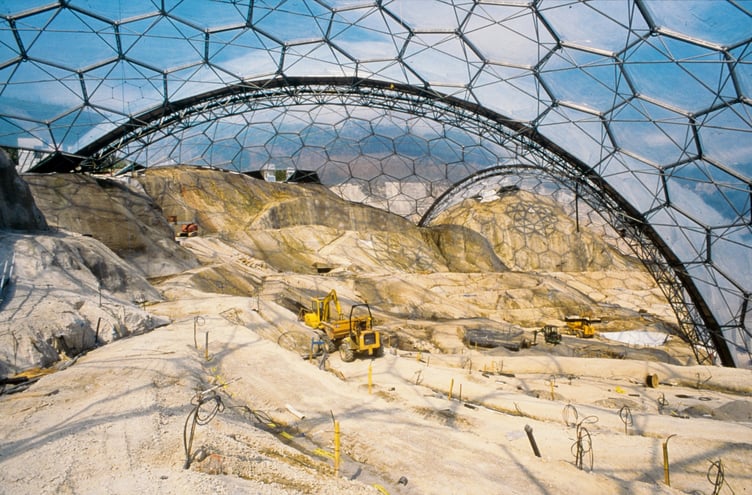 The rainforest biome under construction at the Eden Project.