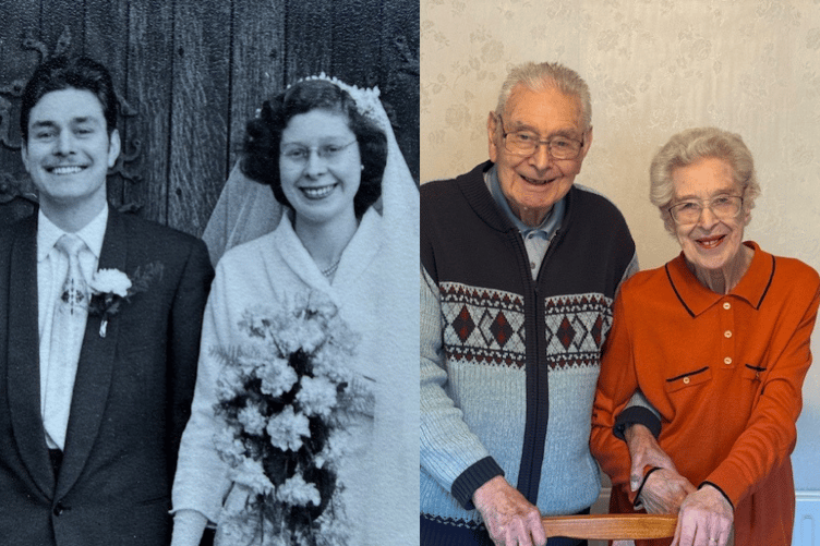 Ann and Philip Viney at their wedding in1955 and now in 2025.