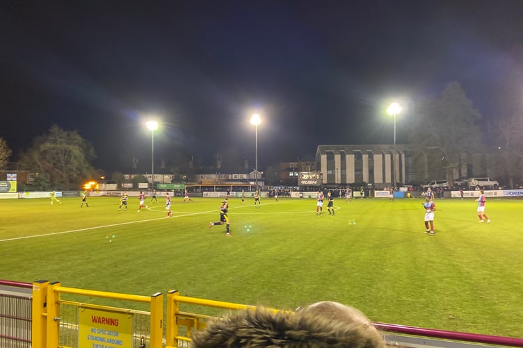 Action from Farnham Town's Southern League Premier South match against Plymouth Parkway