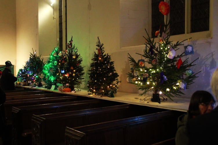 Some of the Stogursey St Andrew's Church Christmas tree festival entries all lit up. PHOTO: George Ody.