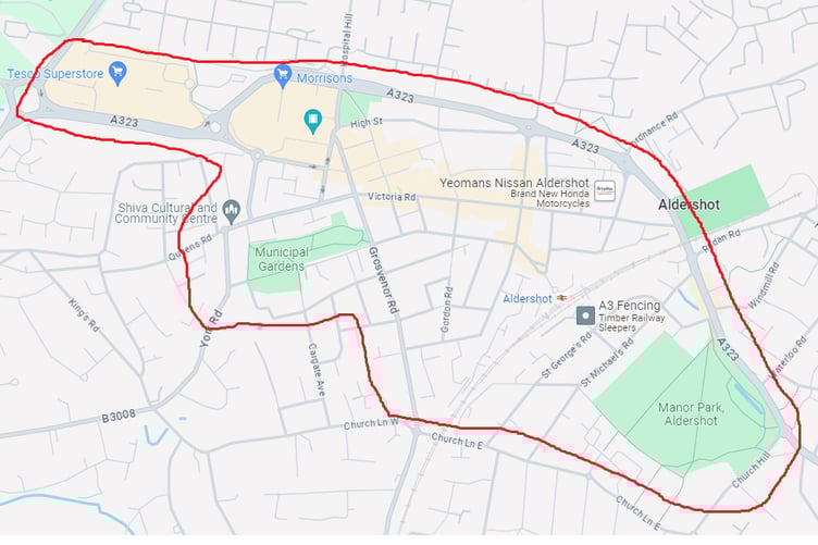 The area of Aldershot town centre covered by a New Year's Eve dispersal order.