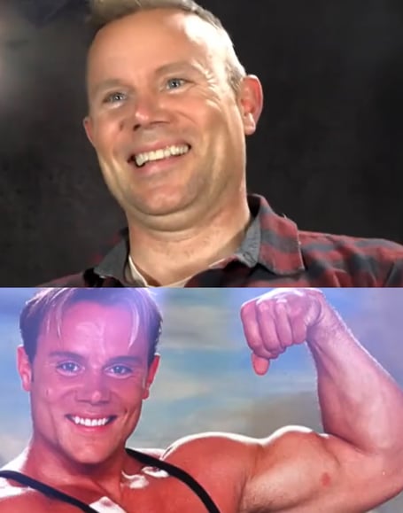 Above, Warren Furman today; below, during his time as Ace on the TV show Gladiators.