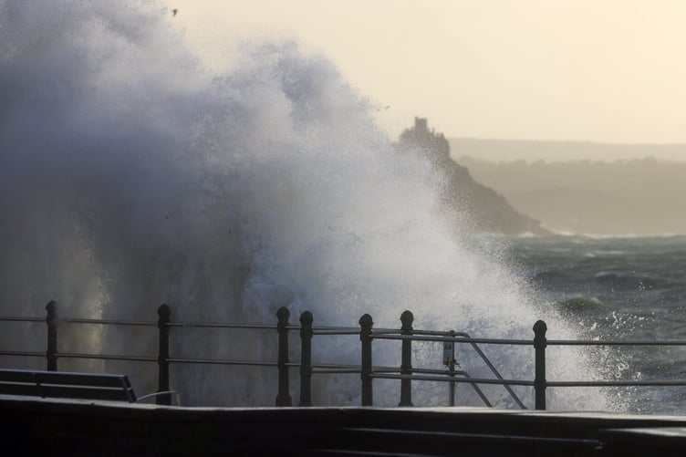 Storm Ingrid batters Penzance seafront at high tide on Friday, January 23, with St Michael's Mount in the background