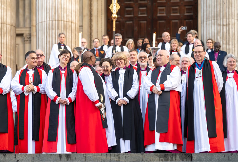 <p>Archbishop of Canterbury Sarah Mullally with other Anglican clergy at her Confirmation of Election service. (Photos by Graham Lacdao/St Paul's Cathedral)</p>