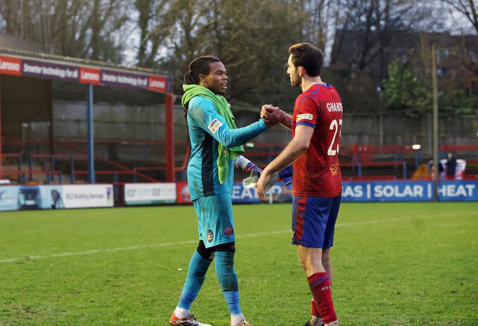 <p>Coniah Boyce-Clarke and Hady Ghandour celebrate Aldershot's 3-2 win against Halifax (Photo: Ian Morsman)</p>