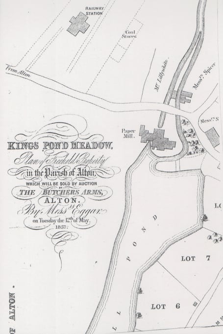 A map of plots of land at Kings Pond Meadow in Alton to be auctioned off on May 12, 1857.