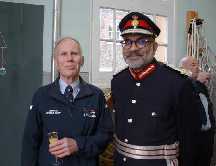 Minehead lifeboat operations manager Dr John Higgie with Somerset Lord Lieutenant Mohammed Saddiq.