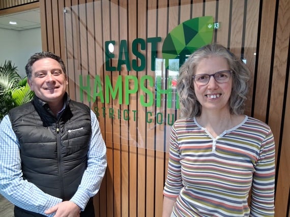 <p>Cllr Nick Drew and Petersfield Climate Action Network team leader Patricia Exley.</p>