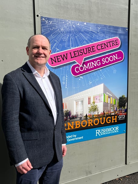 Rushmoor Borough Council Leader Gareth Williams with plans for the new leisure centre in Farnborough.