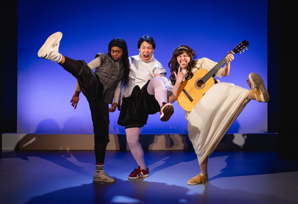 <p>Efé Agwele, Woogie Jung and Tom Pavey in The Complete Works of William Shakespeare (abridged) (Photo: Mark Senior).</p>