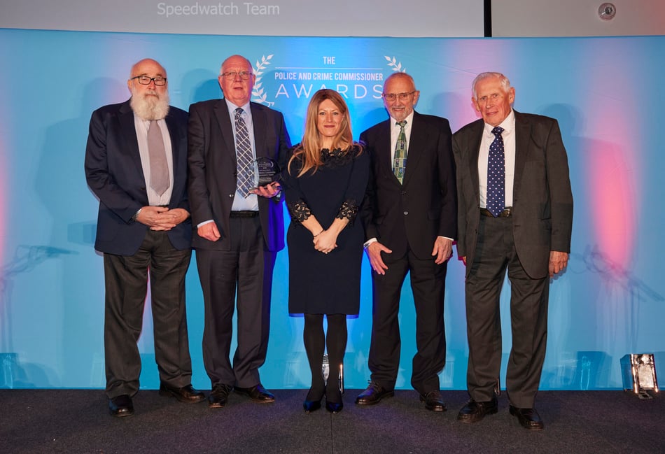<p>The Four Marks Community Speedwatch Team receives the Safer Roads Award from police and crime commissioner Donna Jones.</p>
