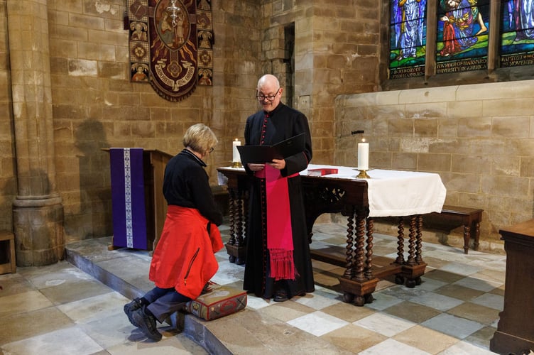 The Most Revd and Rt Hon Dame Sarah Mullally DBE, Archbishop of Canterbury, and her fellow pilgrims receive a blessing at Southwark Cathedral with her husband Eamonn Mullally, The Revd Richard Braddy, Chaplain to the Bishop of Dover and Torin Brown, Canterbury Cathedral Pilgrim Officer set off from St Paul's Cathedral after attending a Service for the Pilgrimage of the Archbishop of Canterbury from London to Canterbury. Tuesday 17th March 2026. Photo: Neil Turner for Lambeth Palace