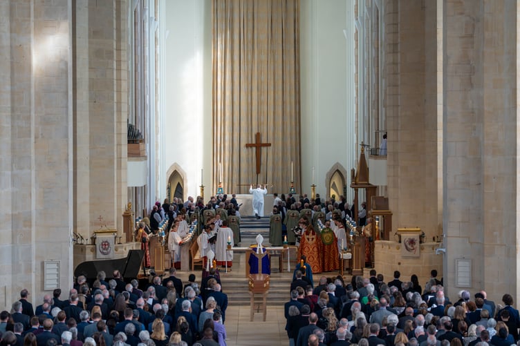 The funeral of the Bishop of Guildford, the Rt Revd Andrew Watson, at Guildford Cathedral.
