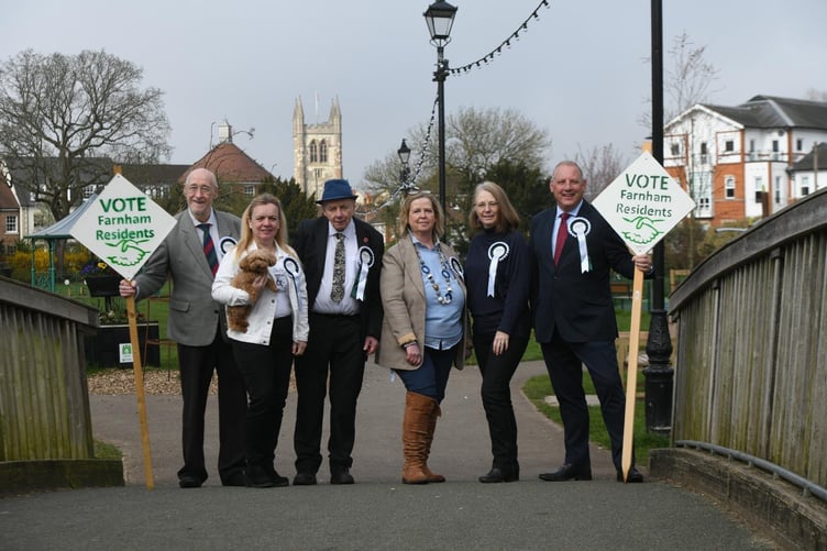 Farnham Resident Group launch their campaign for the local elections from Left to Right - Cllr Andy Macleod, Cllr Sally Dixon, Cllr David Beaman, Cllr Michaela Martin, Cllr Catherine Powell and Cllr George Murray