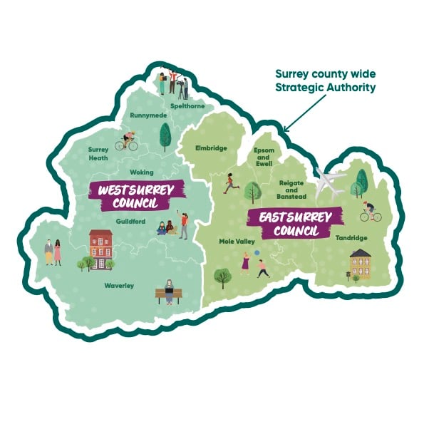 <p>The map of how Surrey is being divided into new West and East councils.</p>