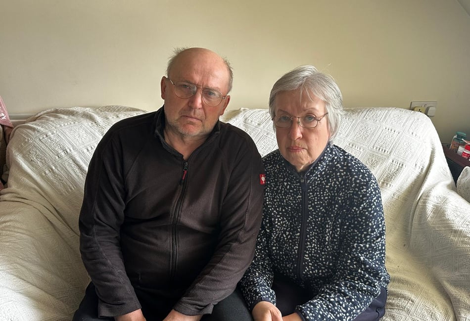 <p>Ukrainian refugees Valerii and Nataliia Safronova.</p>